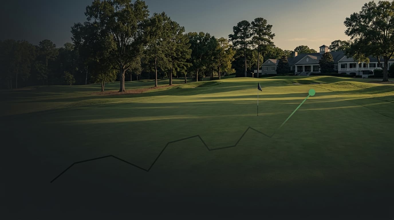 A late-Sunday golf course with an abstract rising line ending in one green dot.